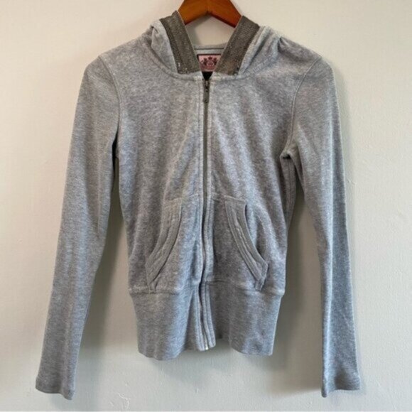 Juicy Couture Sequin Trim Hoodie Full Zip Womens Small Gray Velour Rib MiX Media - Picture 1 of 13